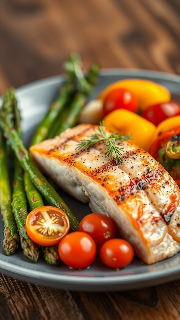 A gourmet dish with seared salmon and colorful roasted vegetables, elegantly presented on a white plate.
